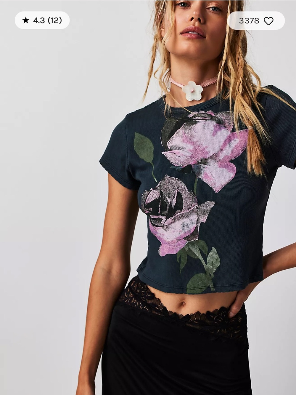 Daydreamer x Free People Gray Rose Pointelle Fitted Cropped Tee Size Large
